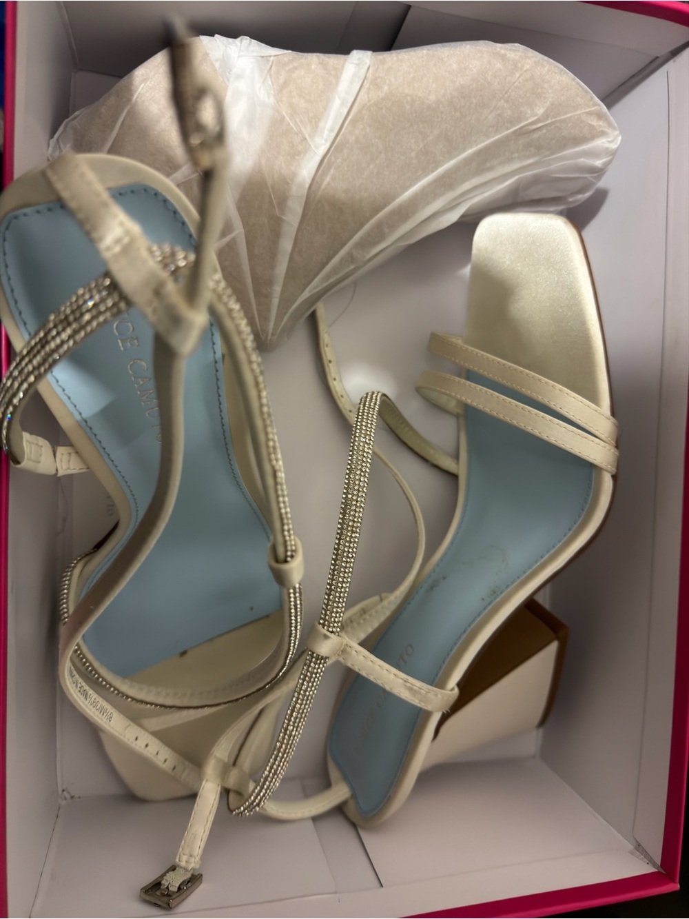 Vince Camuto Elegant Cream Strappy Block Heel Sandals with Crystal Accent